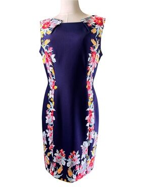 Tahari Petite Floral Border Print Sheath Dress Size 10P Navy Blue Cocktail